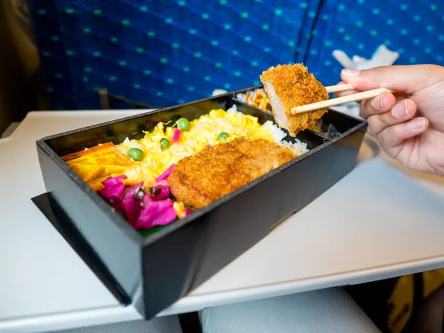 An open Japanese chicken bento on a Shinkansen seat table, with rice, chicken, egg, pickled vegetables and chopsticks