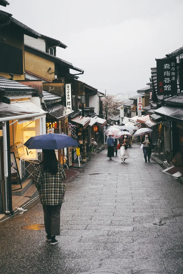 People walking with umbrellas on a Kyoto street