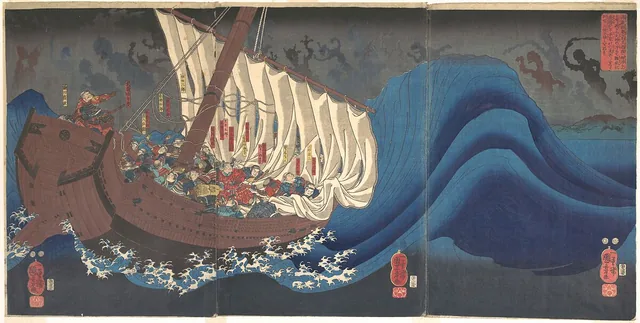 A warrior ship pitches through dark waves as silhouettes of the Taira clan ghosts appear in the sky in Utagawa Kuniyoshi’s print